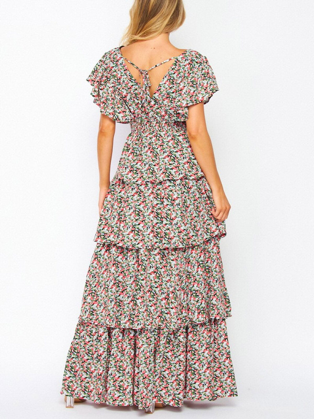 WOMEN'S SHORT RUFFLE SLEEVE V-NECK TIERED FLORAL MAXI DRESS