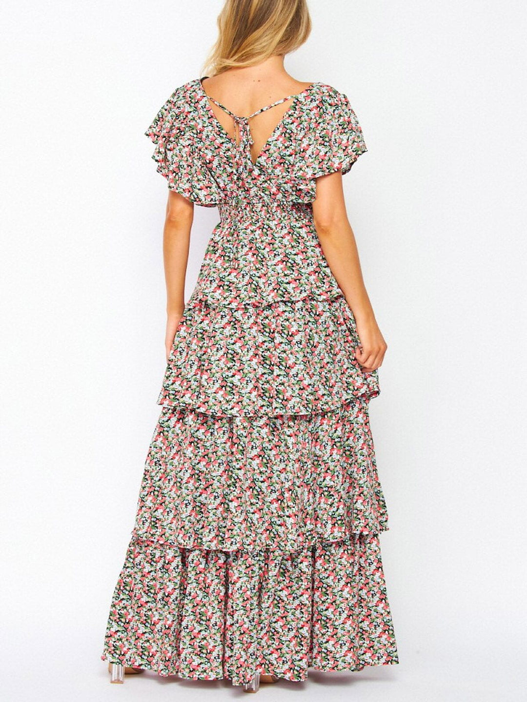 WOMEN'S SHORT RUFFLE SLEEVE V-NECK TIERED FLORAL MAXI DRESS