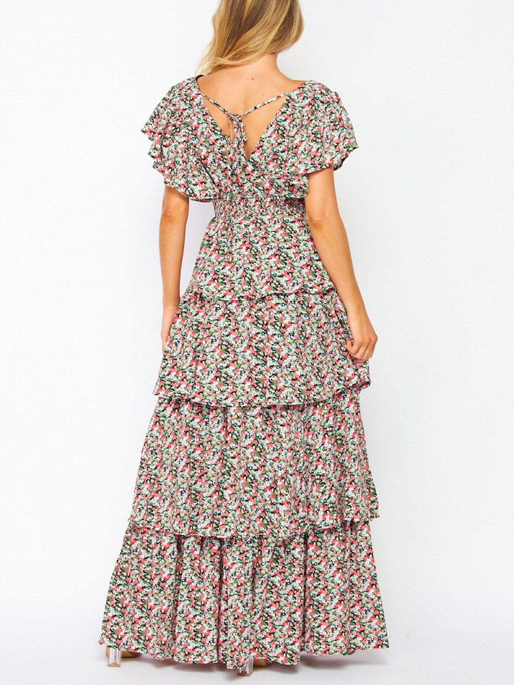 WOMEN'S SHORT RUFFLE SLEEVE V-NECK TIERED FLORAL MAXI DRESS