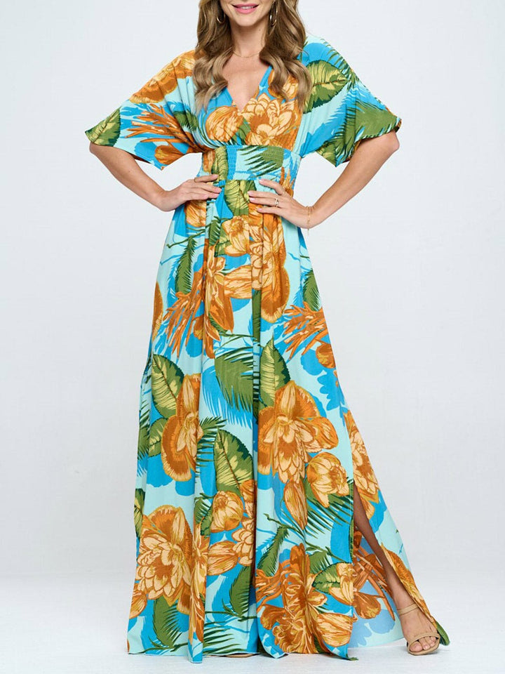 WOMEN'S SHORT SLEEVE SURPLICE SMOCK WAIST FLORAL MAXI DRESS
