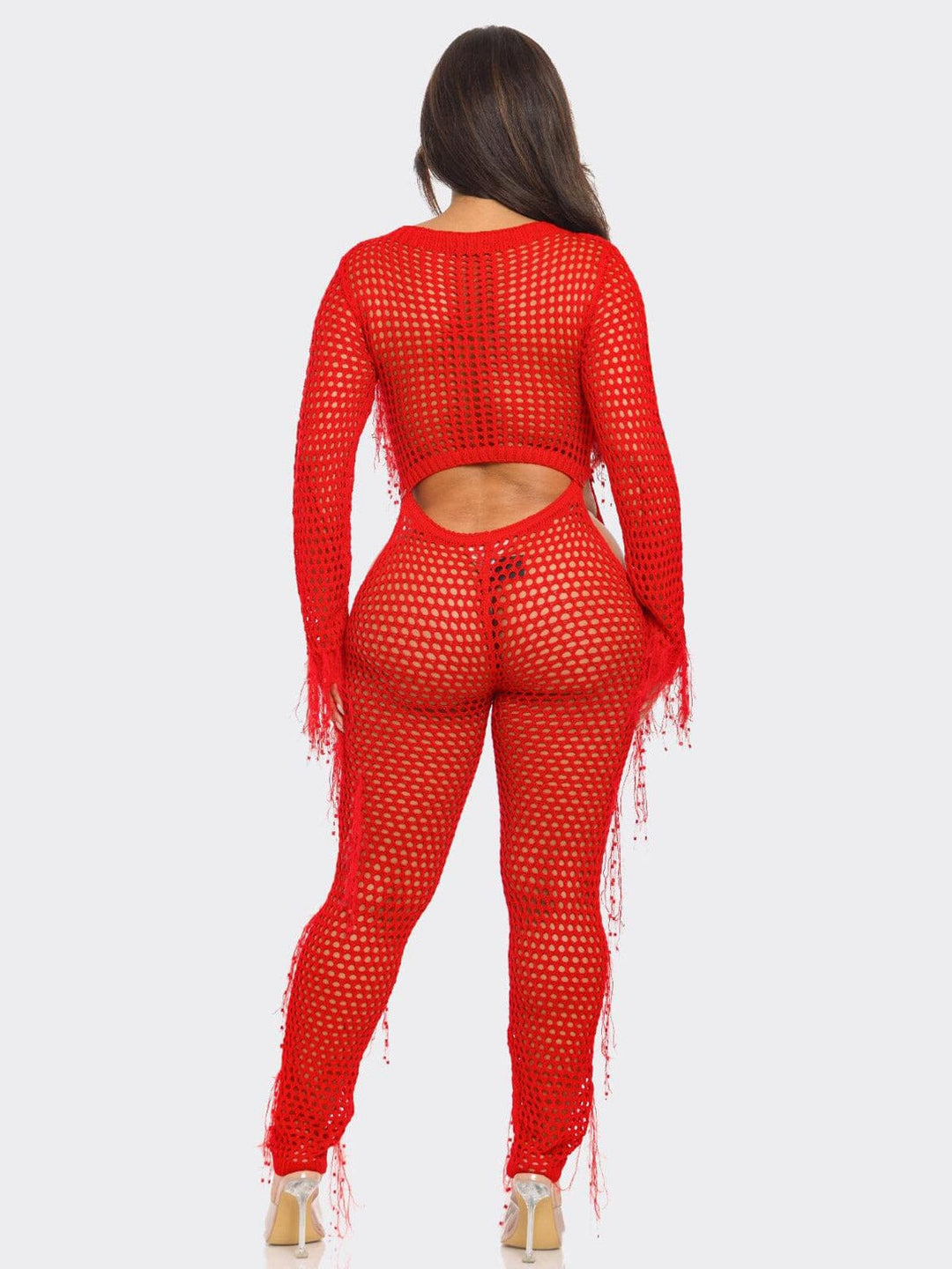 WOMEN'S LONG SLEEVE CUT OUT FRINGE MESH KNIT JUMPSUIT