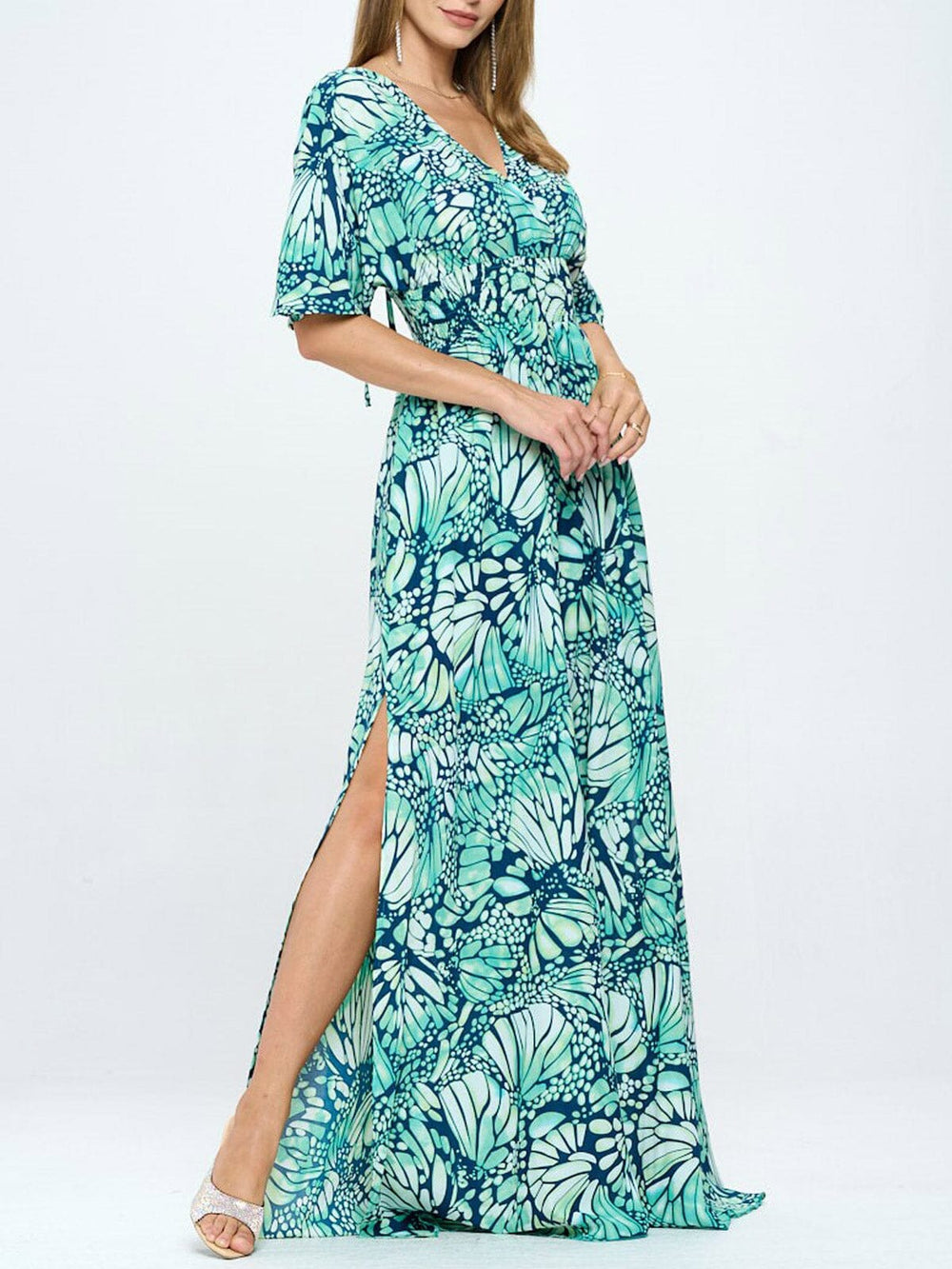 WOMEN'S SHORT SLEEVE SURPLICE SMOCK WAIST PRINTED MAXI DRESS