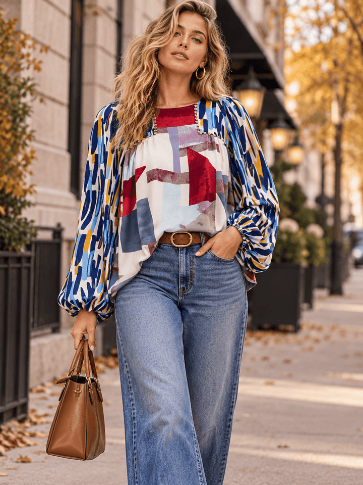 ENTRO WOMEN'S LONG BALLOON SLEEVE MULTI PRINT BLOUSE