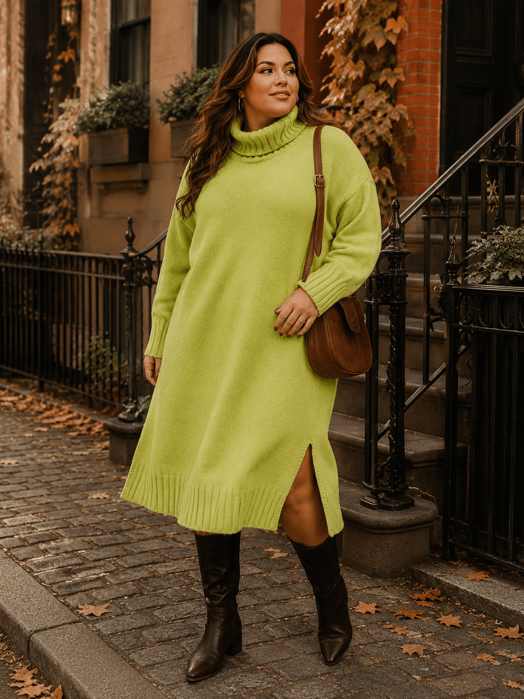 PLUS SIZE LONG SLEEVE TURTLE NECK SIDE SLIT MAXI DRESS