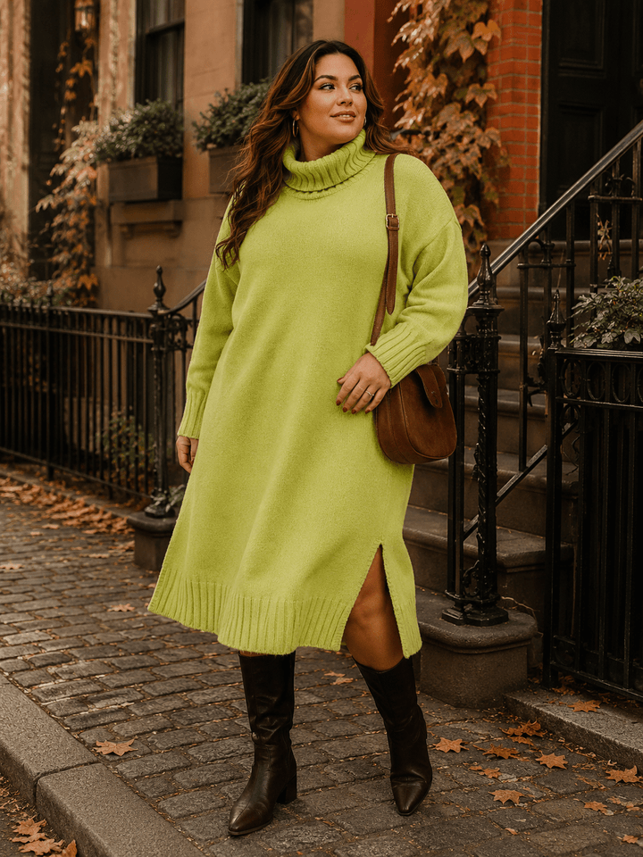 PLUS SIZE LONG SLEEVE TURTLE NECK SIDE SLIT MAXI DRESS