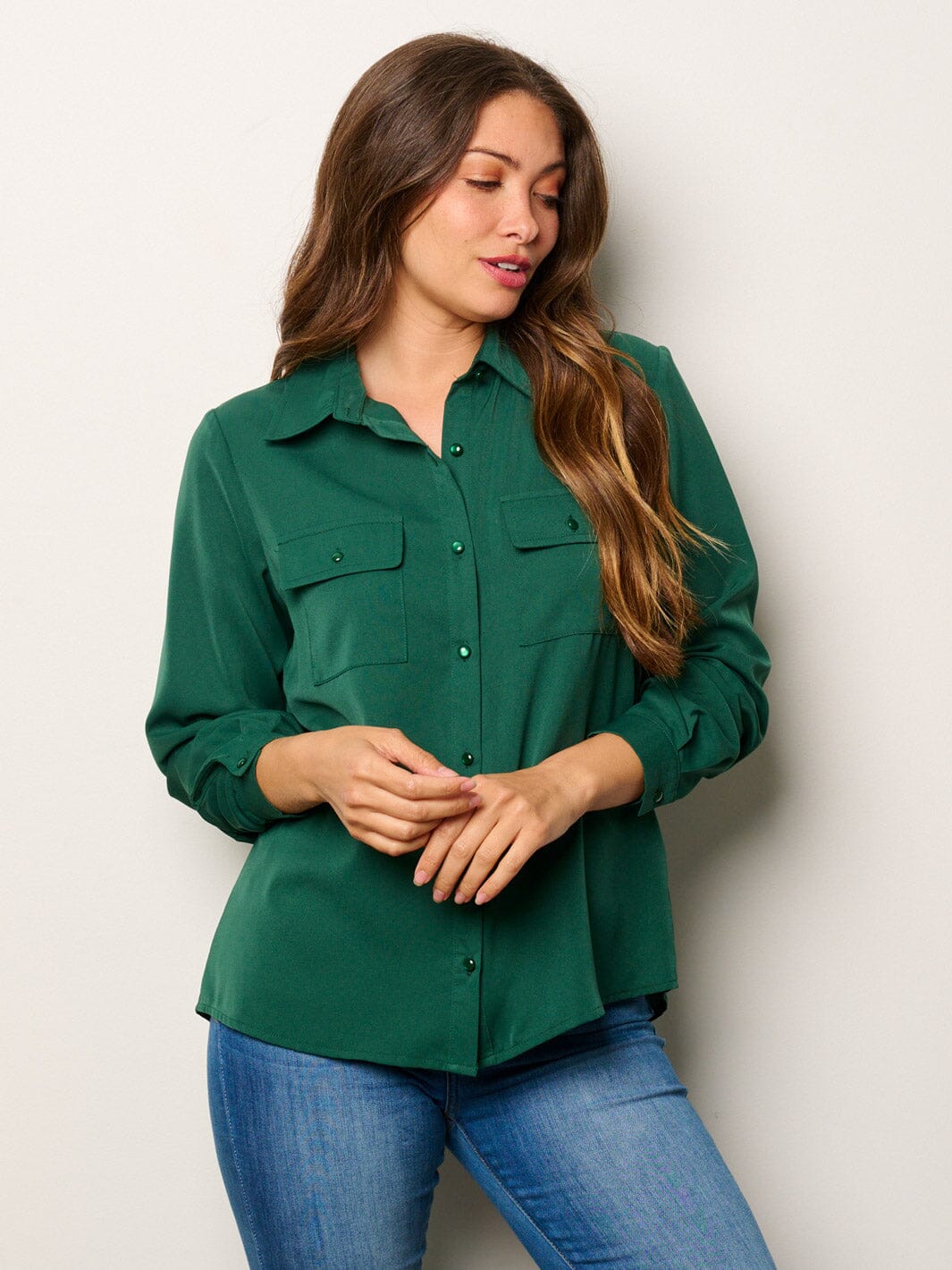 WOMEN'S LONG SLEEVE BUTTON UP FRONT POCKETS BLOUSE TOP