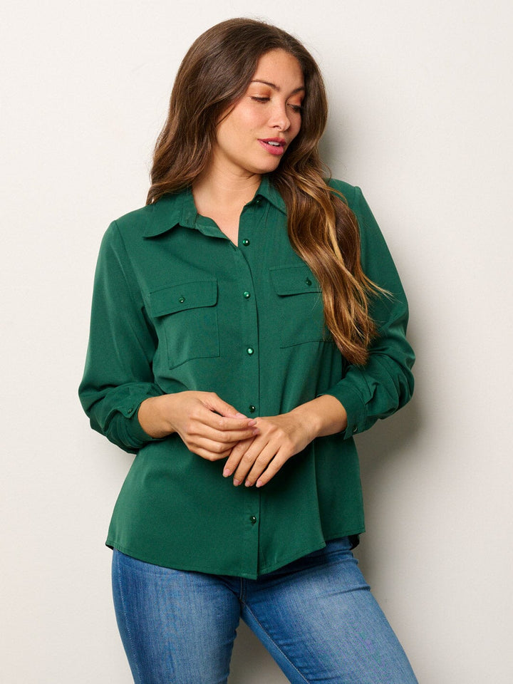 WOMEN'S LONG SLEEVE BUTTON UP FRONT POCKETS BLOUSE TOP