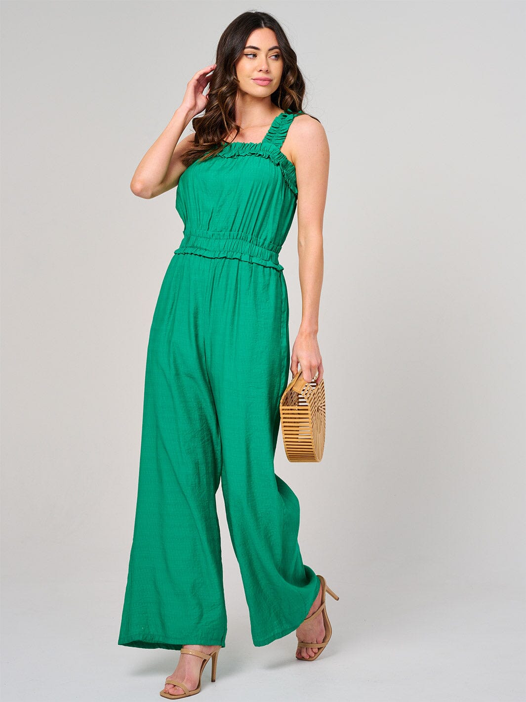 WOMEN'S SLEEVELESS SMOCK WAIST FRONT POCKETS WIDE LEG JUMPSUIT