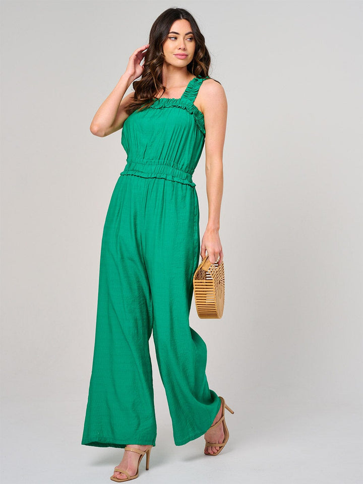 WOMEN'S SLEEVELESS SMOCK WAIST FRONT POCKETS WIDE LEG JUMPSUIT