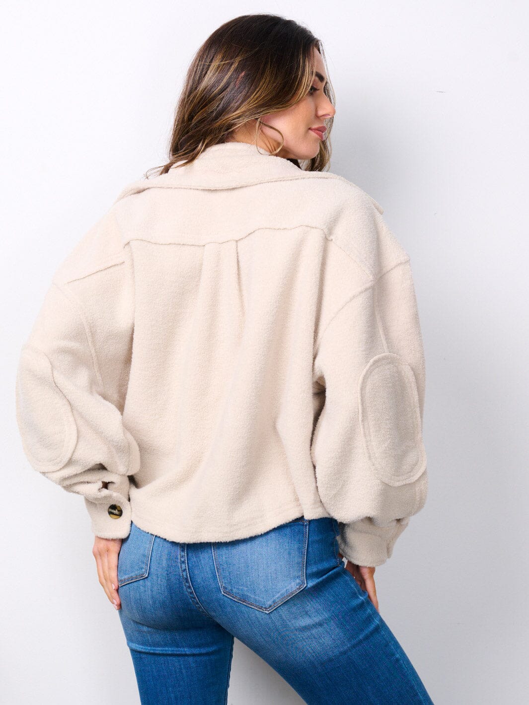 WOMEN'S LONG SLEEVE BUTTON UP POCKETS SHERPA JACKET