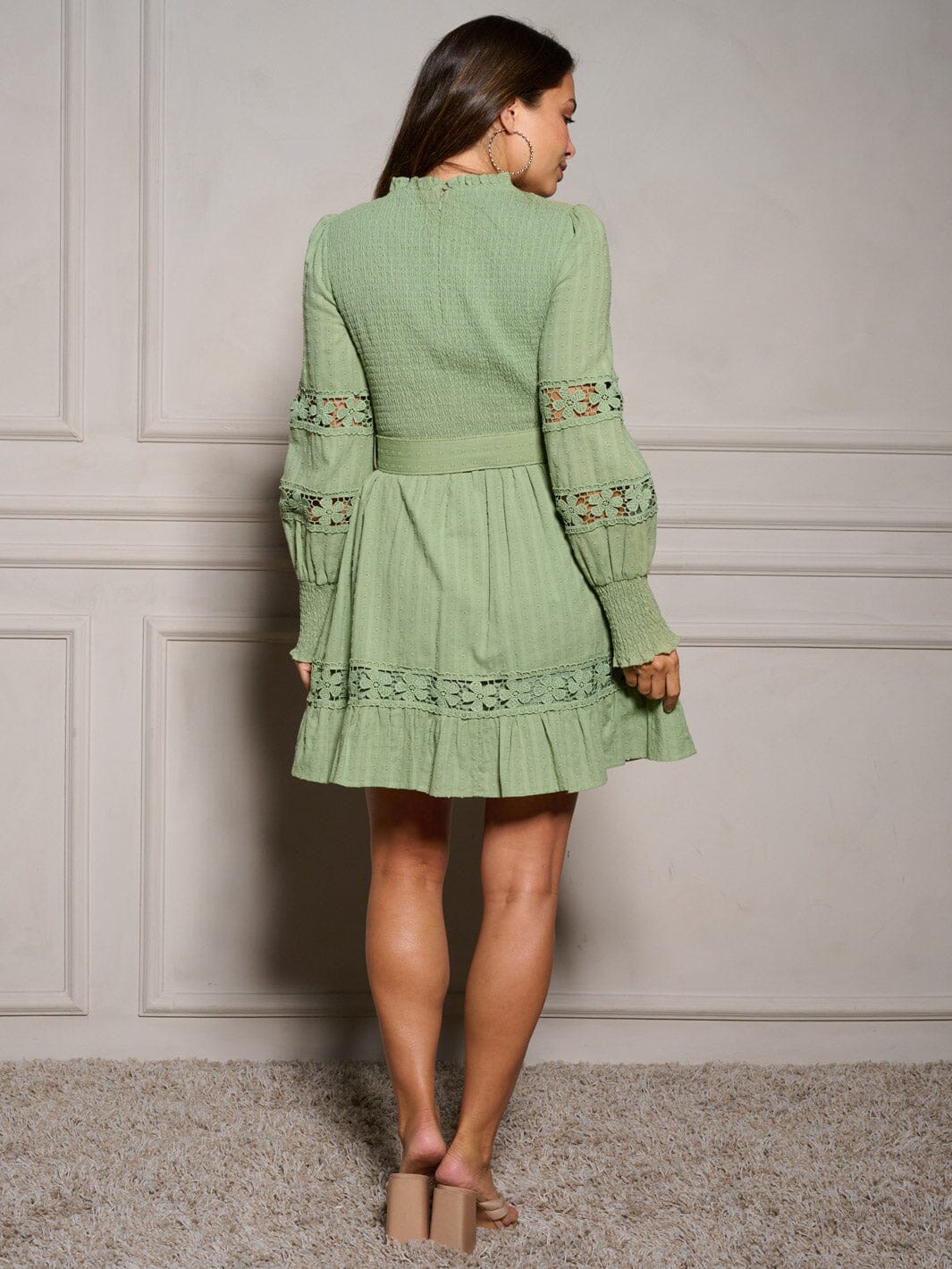 WOMEN'S LONG SLEEVE BELTED TIERED SMOCK SWISS DOTS MINI DRESS