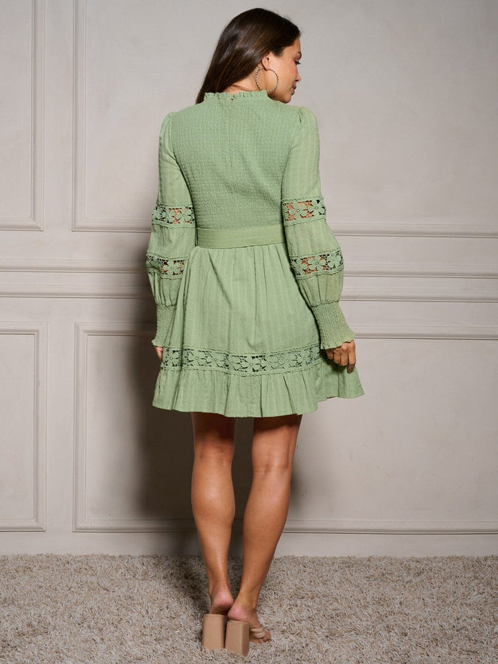 WOMEN'S LONG SLEEVE BELTED TIERED SMOCK SWISS DOTS MINI DRESS