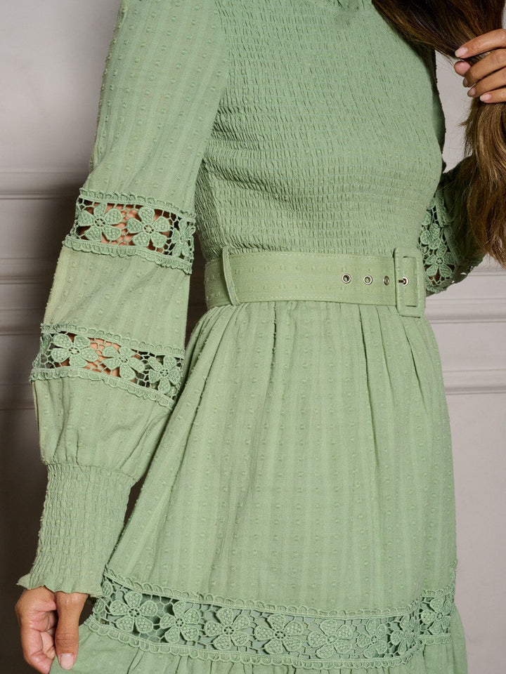 WOMEN'S LONG SLEEVE BELTED TIERED SMOCK SWISS DOTS MINI DRESS