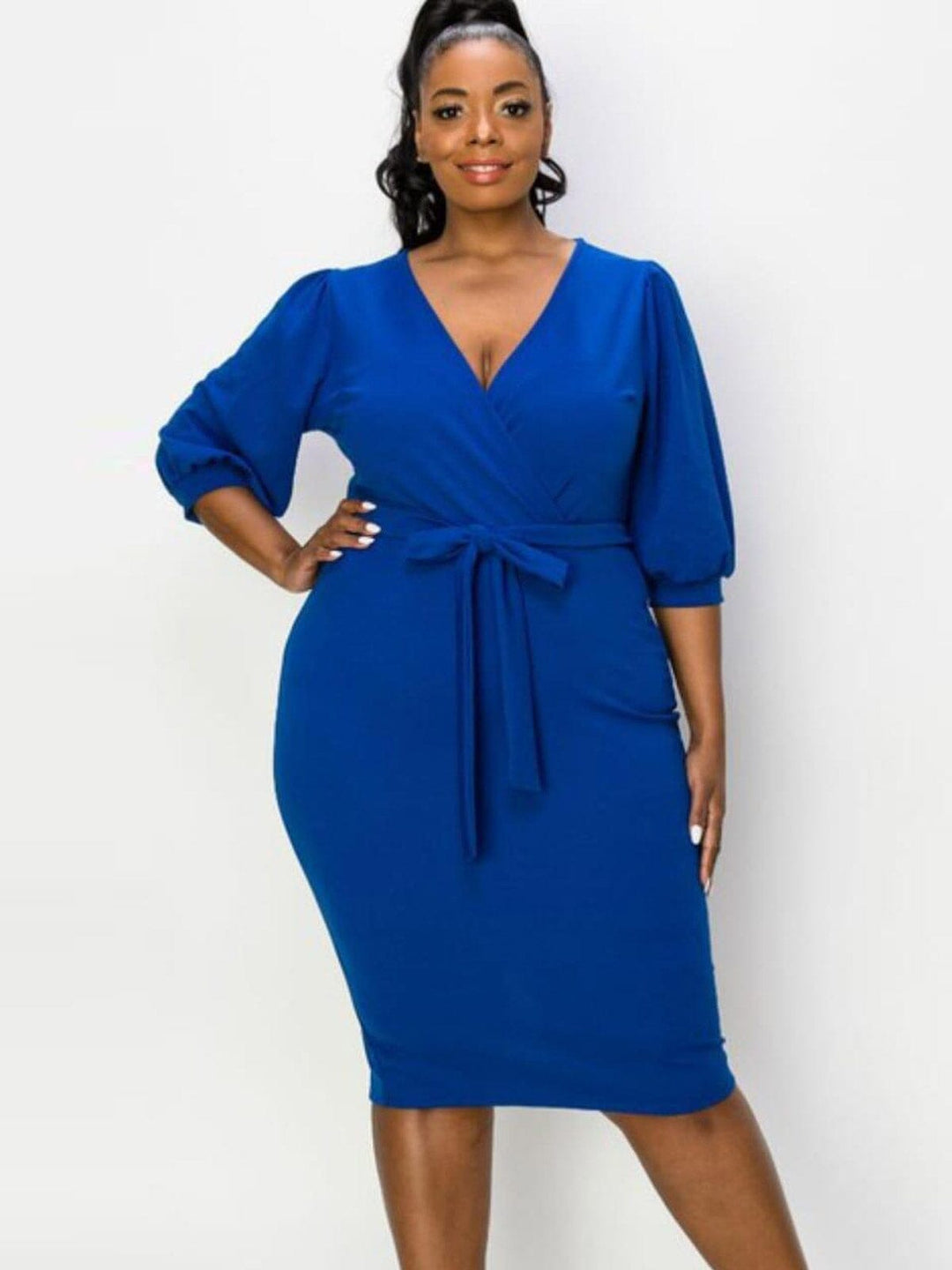PLUS SIZE 3/4 SLEEVE SURPLICE SELF TIE BODYCON MIDI DRESS