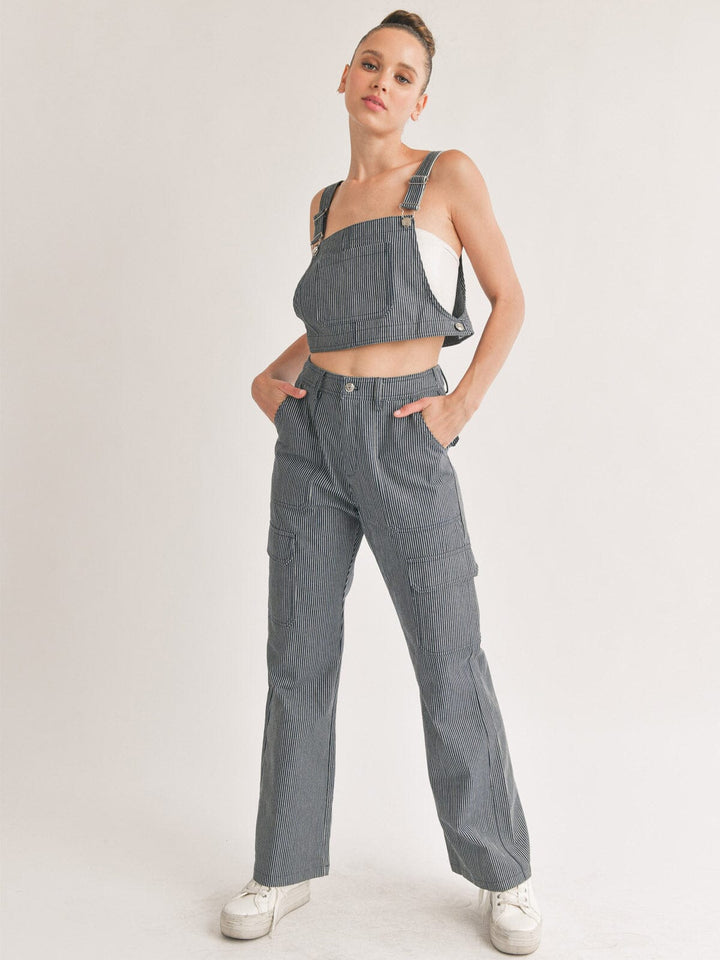 WOMEN'S SLEEVELESS CROP TOP & BUTTON CLOSURE PANTS DENIM STRIPES 2PC SET