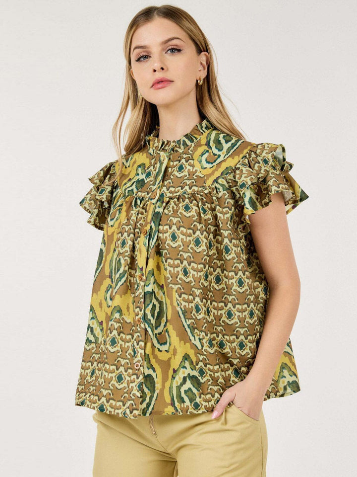 WOMEN'S SHORT RUFFLE SLEEVE BUTTON CLOSURE MULTI PRINT BLOUSE TOP