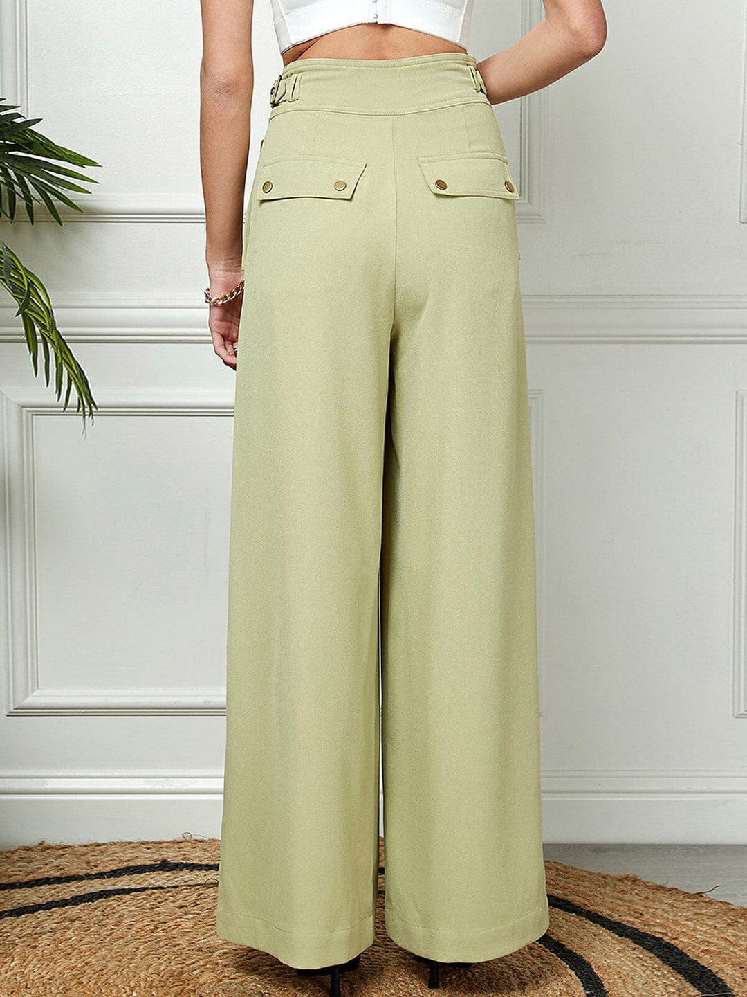 WOMEN'S BUTTON CLOSURE POCKETS WIDE LEG PANTS