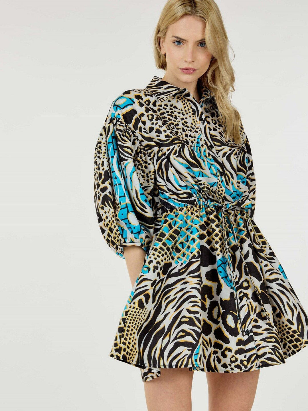 WOMEN'S SHORT PUFF SLEEVE BUTTON UP SELF TIE MULTI PRINT MINI DRESS