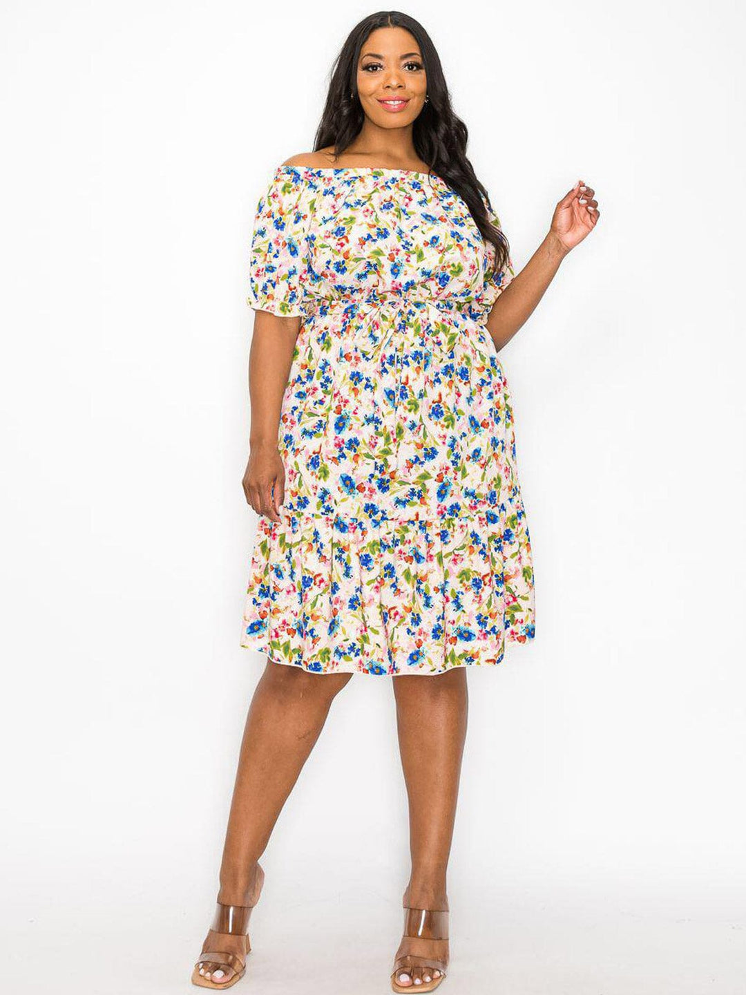 PLUS SIZE SHORT SLEEVE OFF SHOULDER FLORAL MINI DRESS