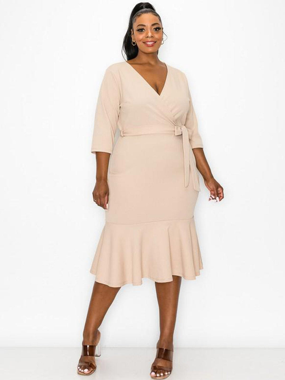 PLUS SIZE 3/4 SLEEVE SURPLICE SELF TIE BODYCON MIDI DRESS