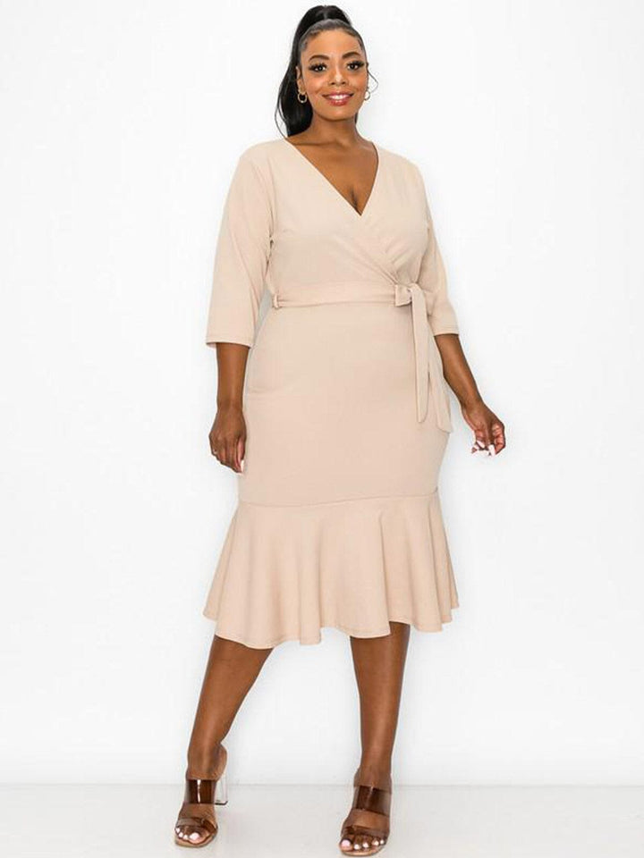 PLUS SIZE 3/4 SLEEVE SURPLICE SELF TIE BODYCON MIDI DRESS