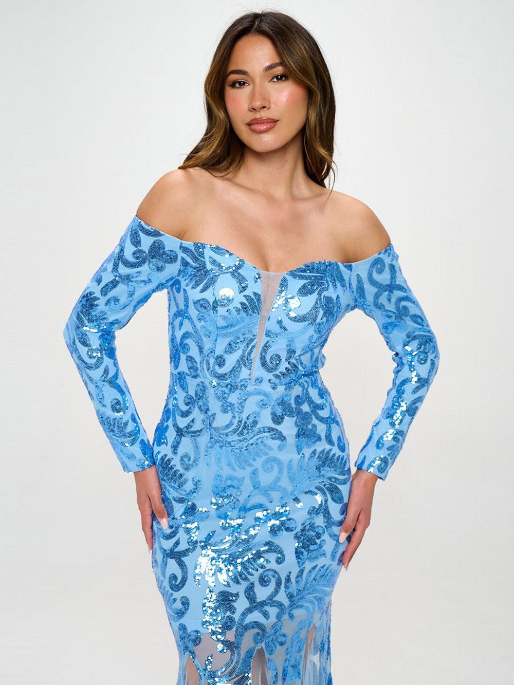 WOMEN'S LONG SLEEVE OFF SHOULDER BODYCON SEQUINS MAXI GOWN DRESS