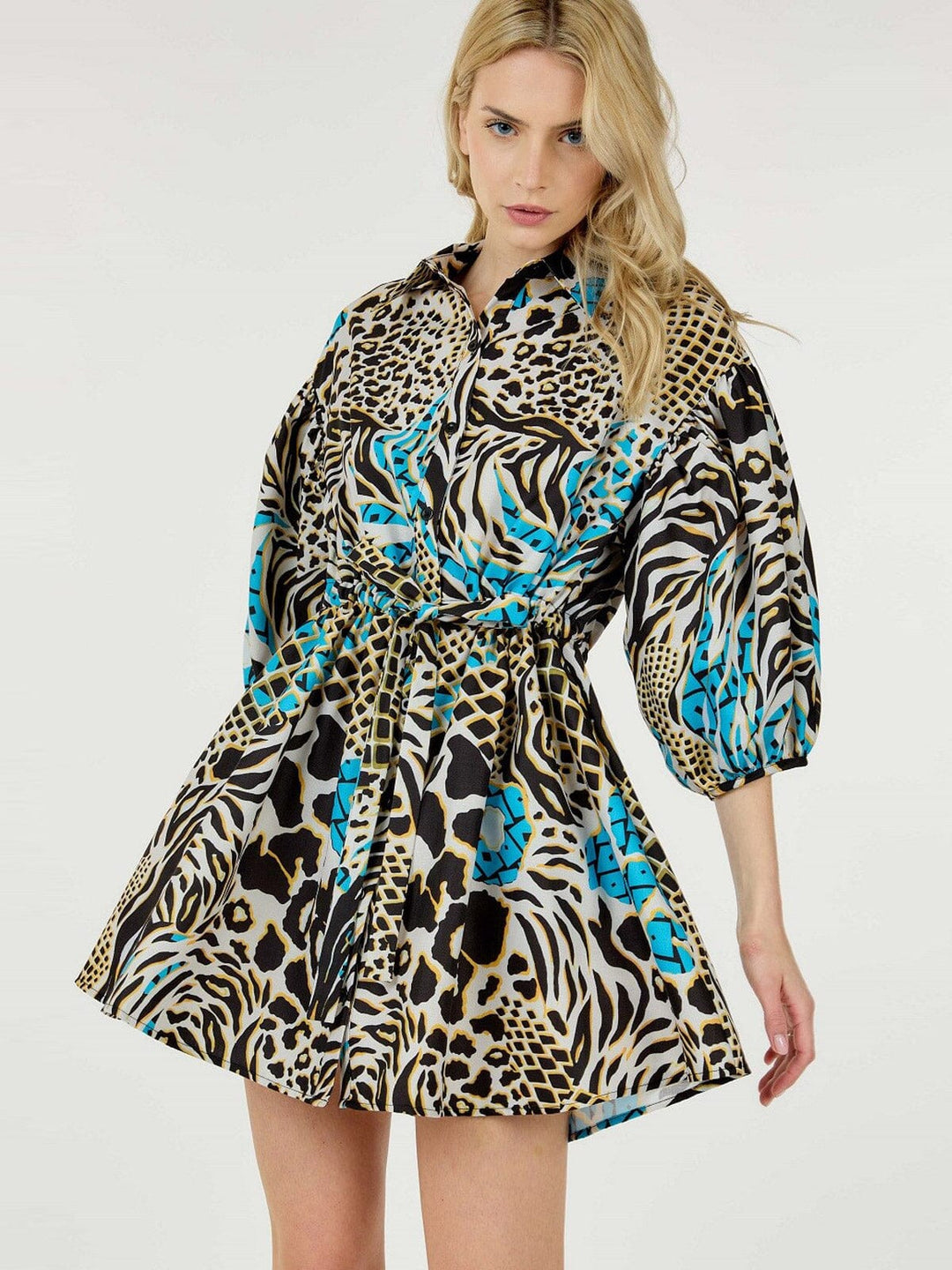 WOMEN'S SHORT PUFF SLEEVE BUTTON UP SELF TIE MULTI PRINT MINI DRESS
