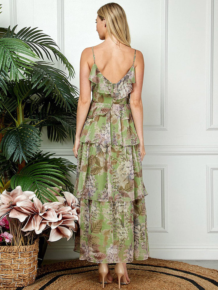 WOMEN'S SLEEVELESS V-NECK RUFFLE TIERED FLORAL PRINT MAXI DRESS