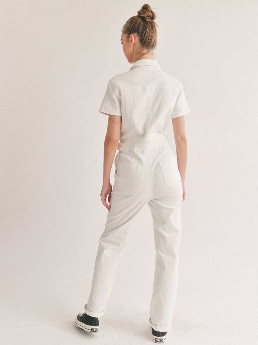 WOMEN'S SHORT SLEEVE BUTTON CLOSURE POCKETS DENIM JUMPSUIT