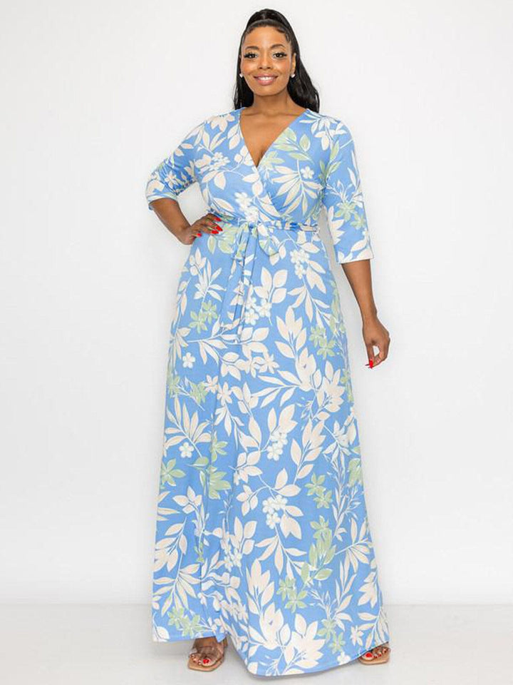 PLUS SIZE 3/4 SLEEVE SURPLICE SELF TIE FLORAL MAXI DRESS