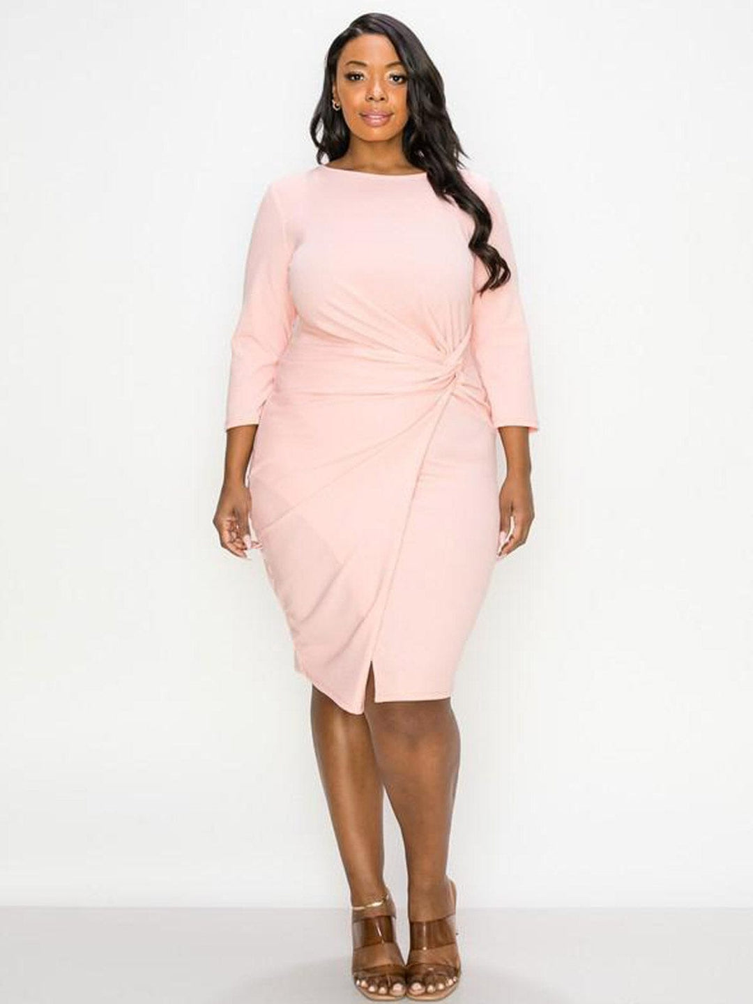 PLUS SIZE 3/4 SLEEVE SURPLICE FRONT KNOT BODYCON MIDI DRESS