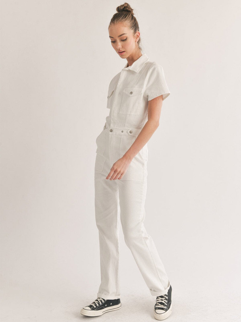 WOMEN'S SHORT SLEEVE BUTTON CLOSURE POCKETS DENIM JUMPSUIT