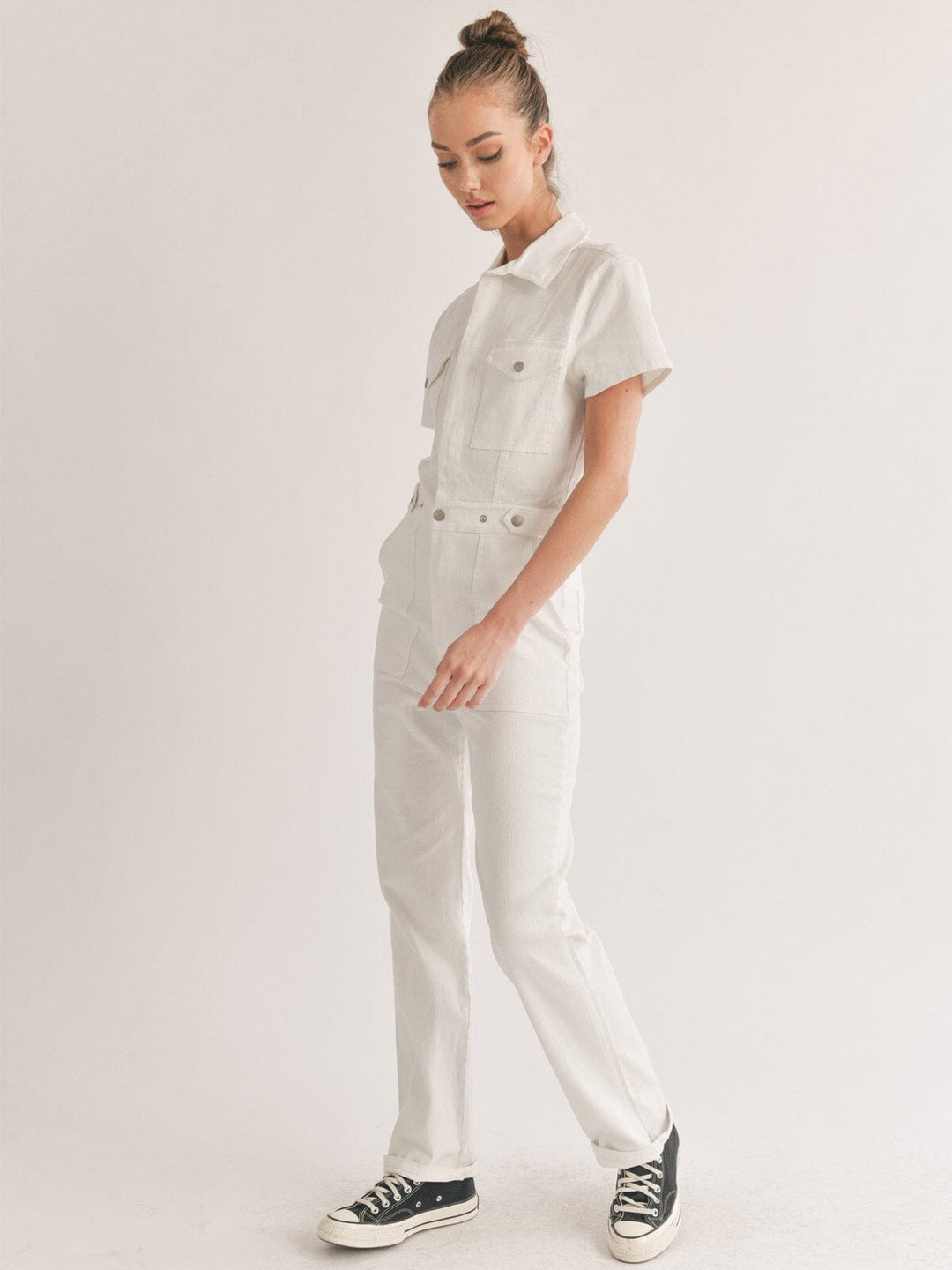 WOMEN'S SHORT SLEEVE BUTTON CLOSURE POCKETS DENIM JUMPSUIT