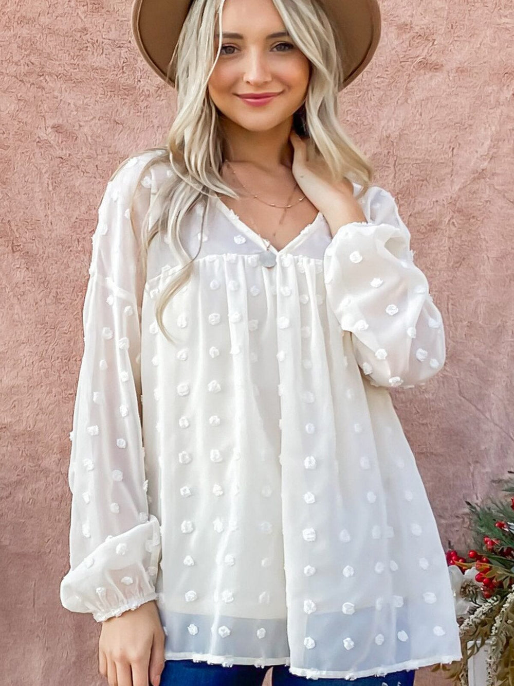 WOMEN'S LONG SLEEVE V-NECK SWISS DETAILED BLOUSE