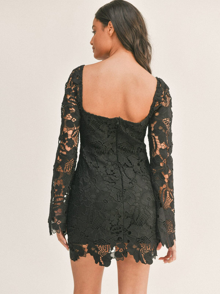 WOMEN'S LONG SLEEVE SQUARE NECK BODYCON CROCHET MINI DRESS