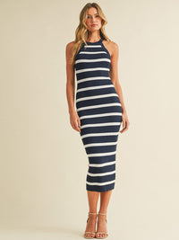 WOMEN'S SLEEVELESS COLORBLOCK STRIPES BODYCON MAXI DRESS