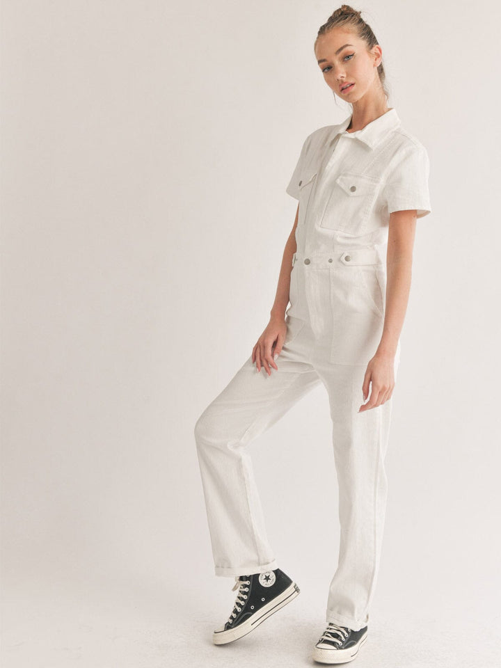 WOMEN'S SHORT SLEEVE BUTTON CLOSURE POCKETS DENIM JUMPSUIT