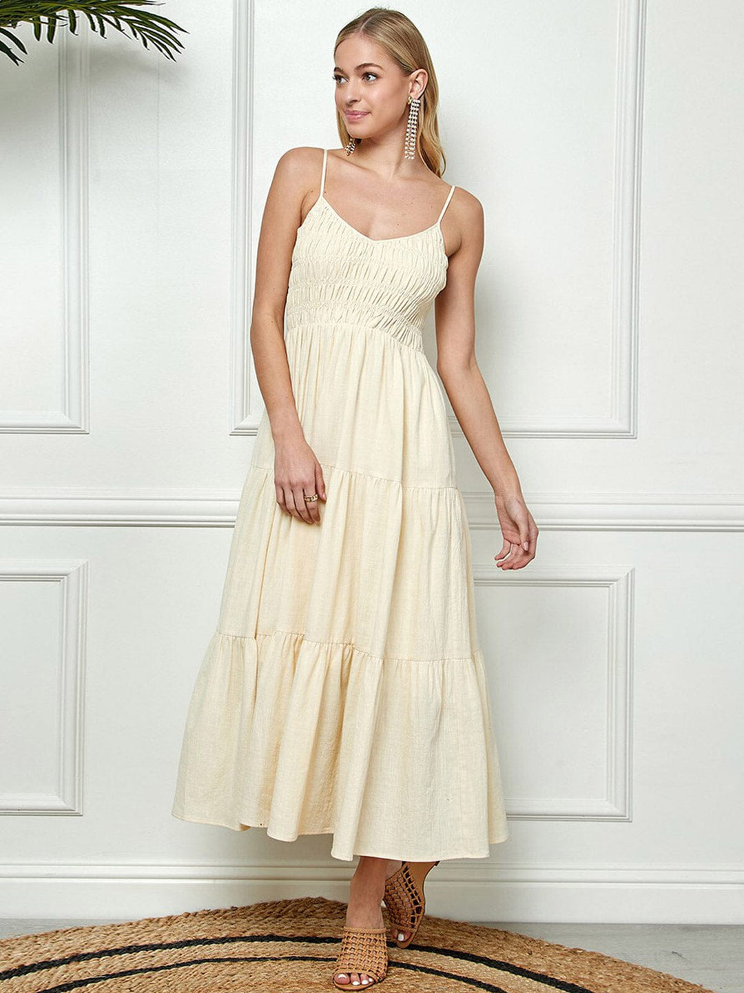 WOMEN'S SLEEVELESS V-NECK SMOCK POCKETS TIERED MAXI DRESS