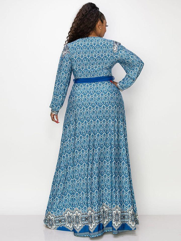 PLUS SIZE LONG SLEEVE SURPLICE SELF TIE MULTI PRINT MAXI DRESS