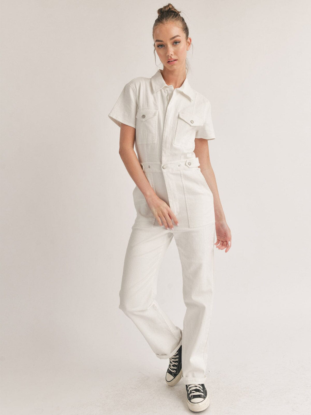 WOMEN'S SHORT SLEEVE BUTTON CLOSURE POCKETS DENIM JUMPSUIT