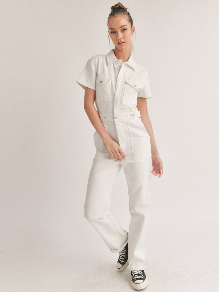 WOMEN'S SHORT SLEEVE BUTTON CLOSURE POCKETS DENIM JUMPSUIT