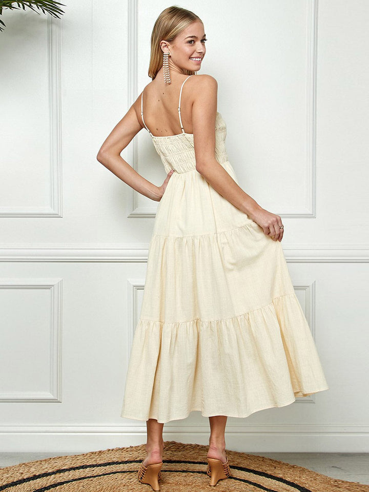 WOMEN'S SLEEVELESS V-NECK SMOCK POCKETS TIERED MAXI DRESS