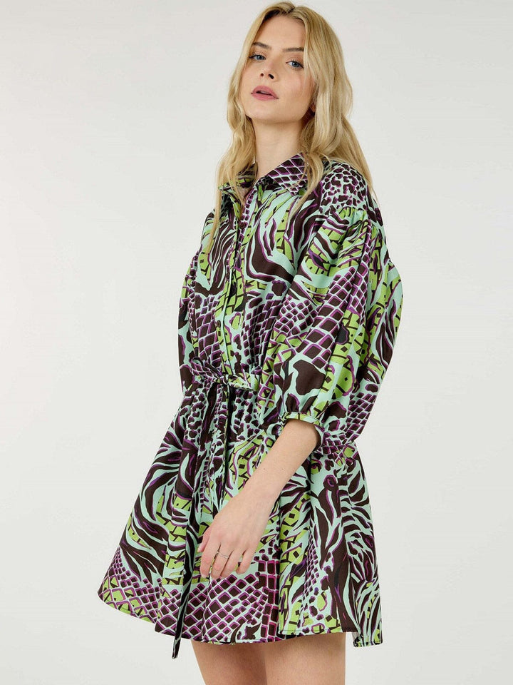 WOMEN'S SHORT PUFF SLEEVE BUTTON UP SELF TIE MULTI PRINT MINI DRESS