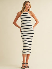 WOMEN'S SLEEVELESS COLORBLOCK STRIPES BODYCON MAXI DRESS