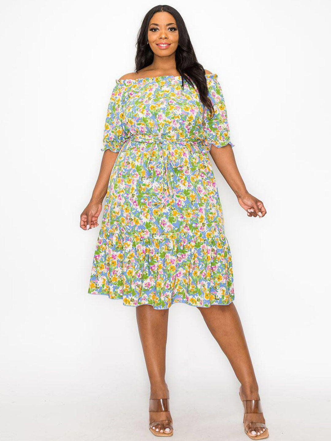 PLUS SIZE SHORT SLEEVE OFF SHOULDER FLORAL MINI DRESS