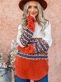 WOMEN'S LONG SLEEVE COLORBLOCK PRINT KNIT TOP