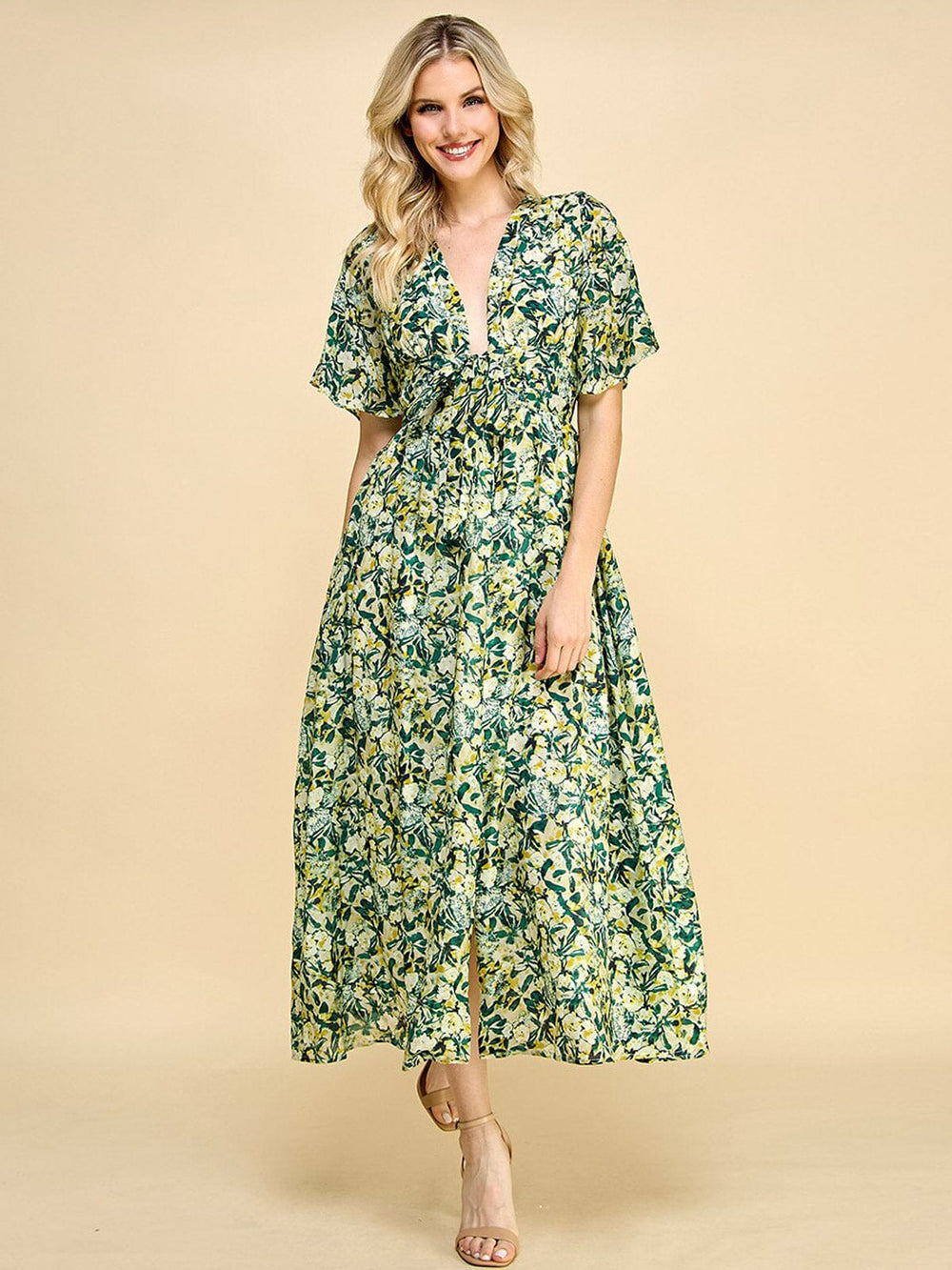 WOMEN'S SHORT RUFFLE SLEEVE V-NECK FLORAL PRINT MAXI DRESS