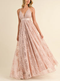 WOMEN'S SLEEVELESS V-NECK OPEN BACK FLORAL LACE MAXI DRESS