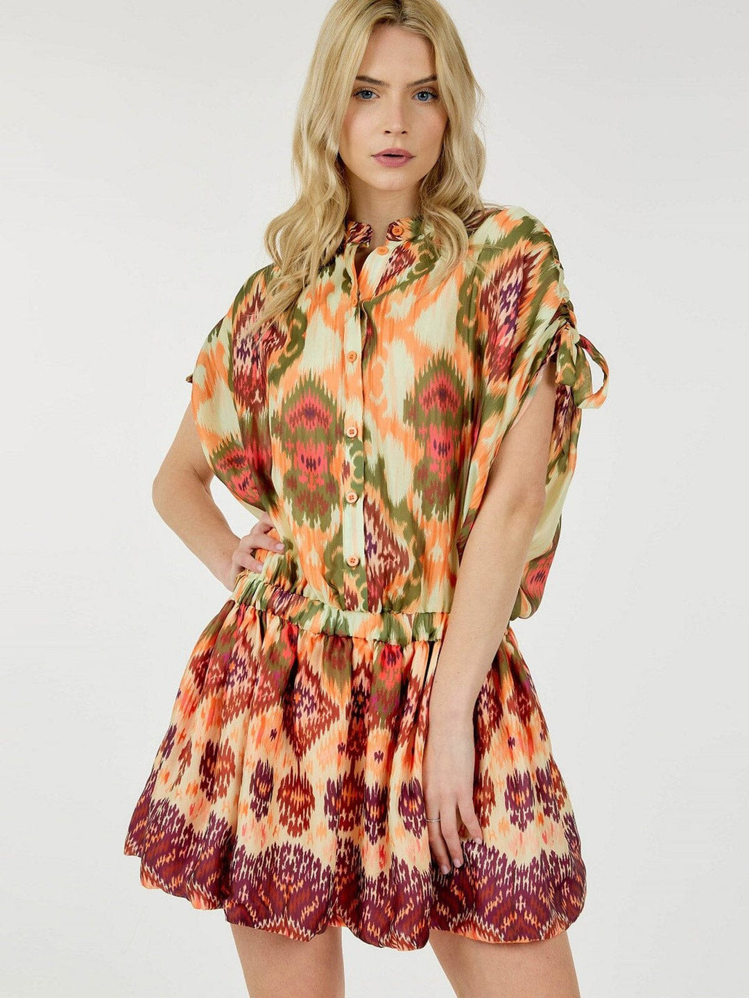 WOMEN'S SHORT RUCHED SLEEVE BUTTON UP MULTI PRINT MINI DRESS