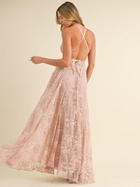 WOMEN'S SLEEVELESS V-NECK OPEN BACK FLORAL LACE MAXI DRESS